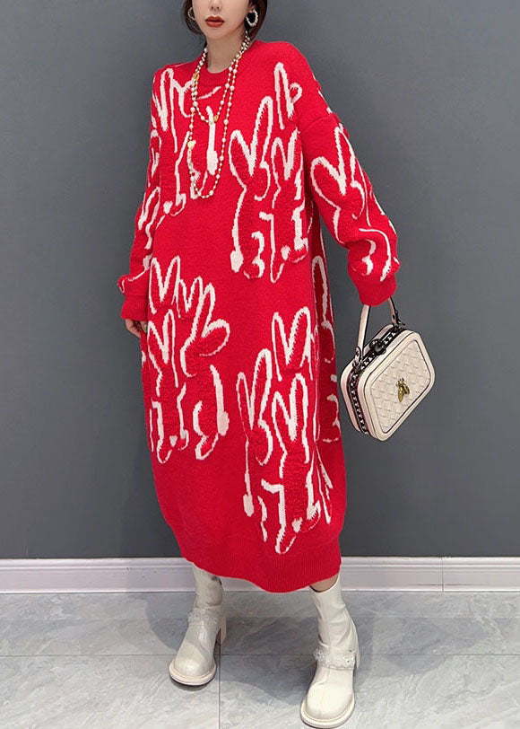 Boho Red O Neck Animal Jacquard Knit Sweater Robe Hiver