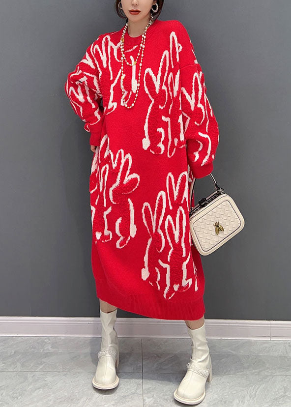 Boho Red O Neck Animal Jacquard Knit Sweater Robe Hiver