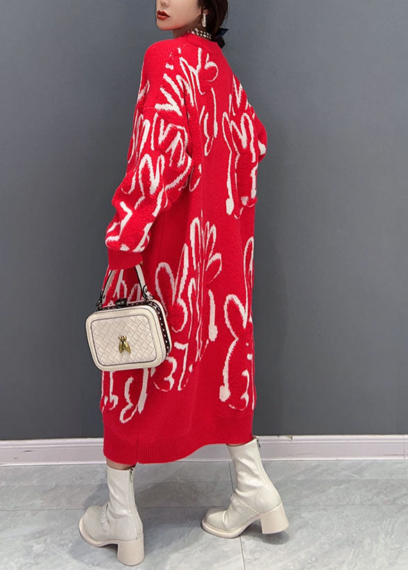 Boho Red O Neck Animal Jacquard Knit Sweater Robe Hiver