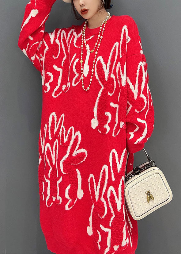 Boho Red O Neck Animal Jacquard Knit Sweater Robe Hiver