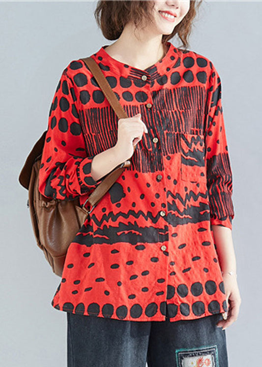 Boho Red O-Leck Bouton Imprimer Poches Fall Blouses à manches longues