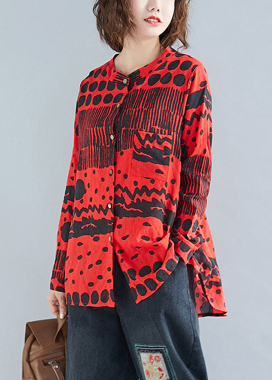 Boho Red O-Leck Bouton Imprimer Poches Fall Blouses à manches longues