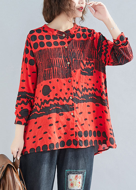 Boho Red O-Leck Bouton Imprimer Poches Fall Blouses à manches longues