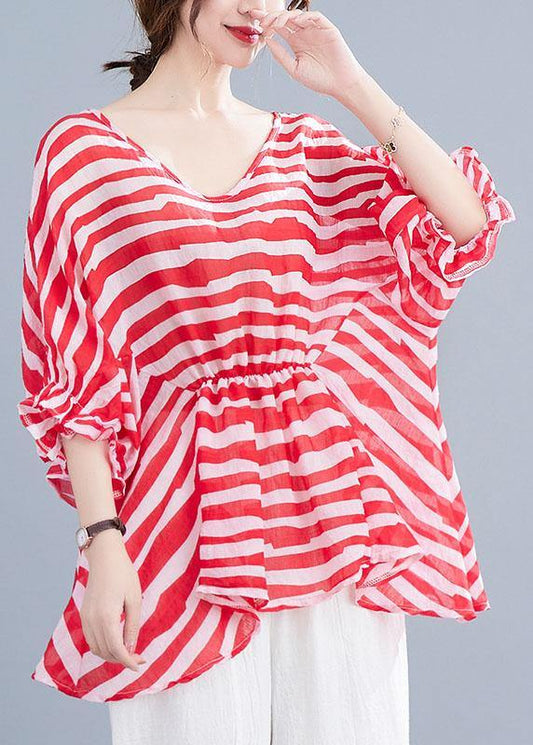 Boho Red Print Wrinkled Summer Half Sleeve Shirt Top - SooLinen