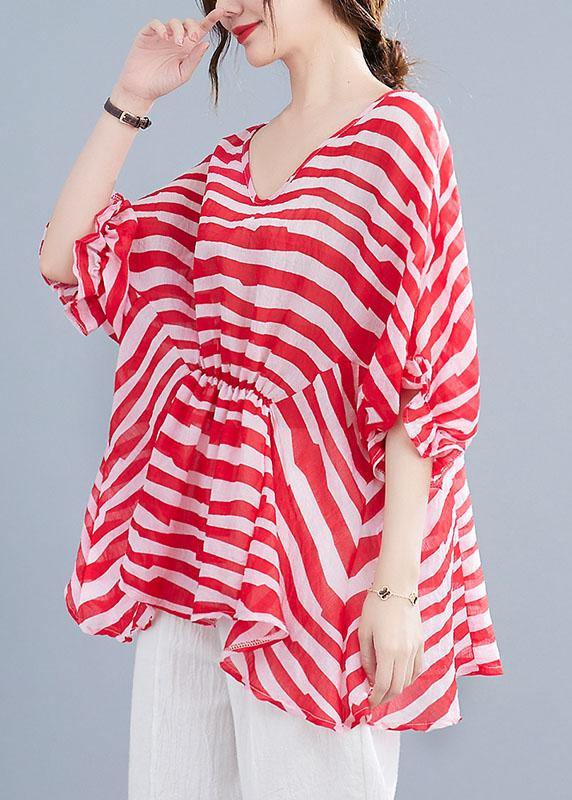 Boho Red Print Wrinkled Summer Half Sleeve Shirt Top - SooLinen