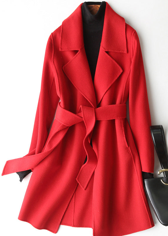 Boho Red Coltleneck Solid Woolen Coats Fall