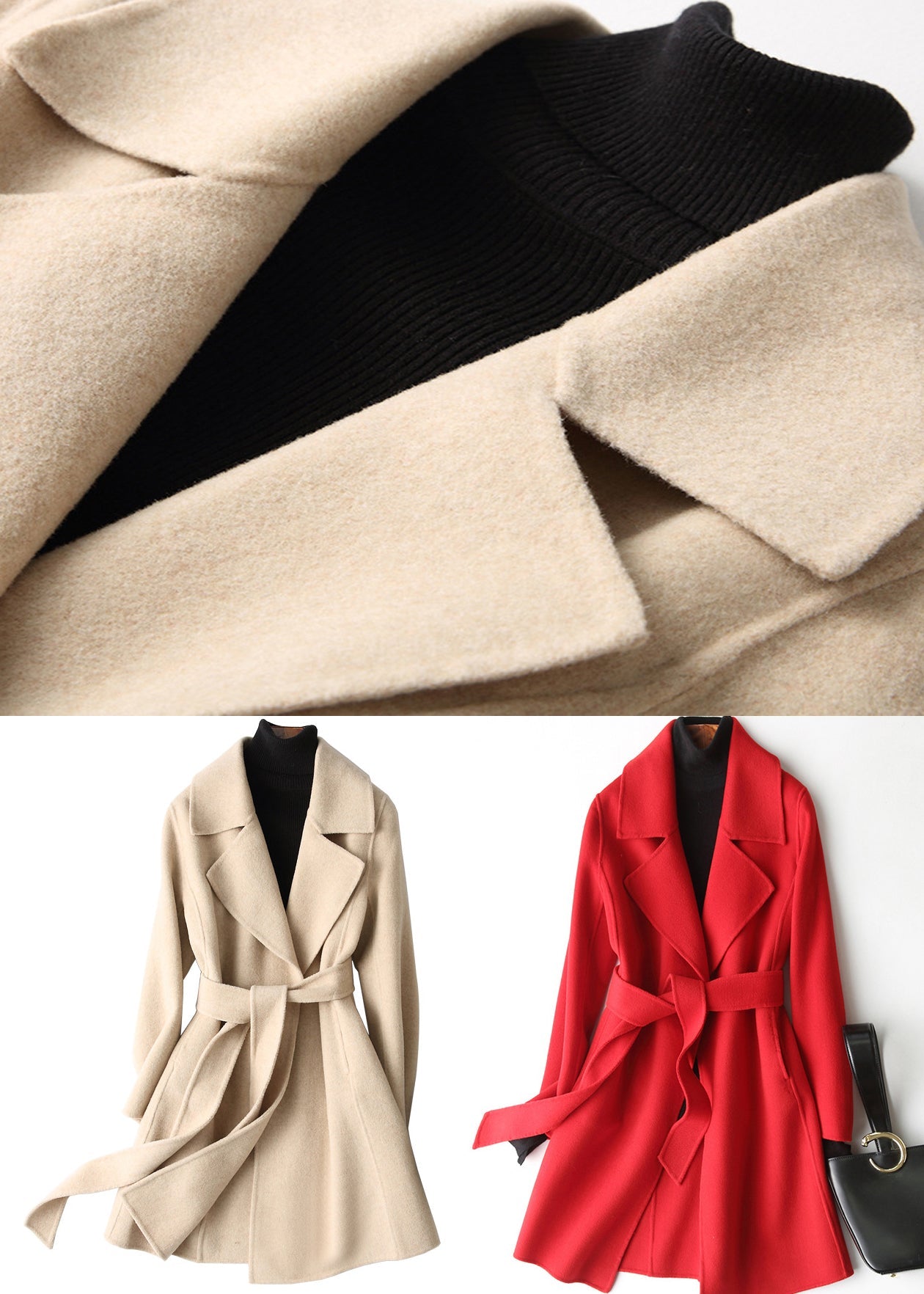 Boho Red Coltleneck Solid Woolen Coats Fall