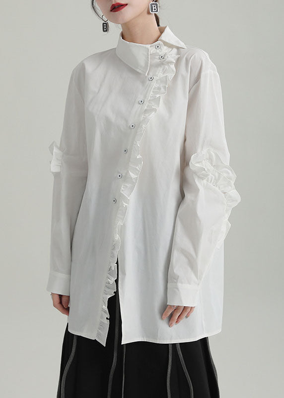 Boho White Design asymétrique Coton Ruffled Cotton Blouse Top Fall