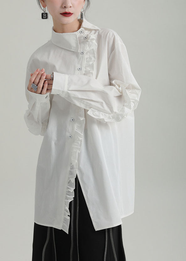 Boho White Design asymétrique Coton Ruffled Cotton Blouse Top Fall