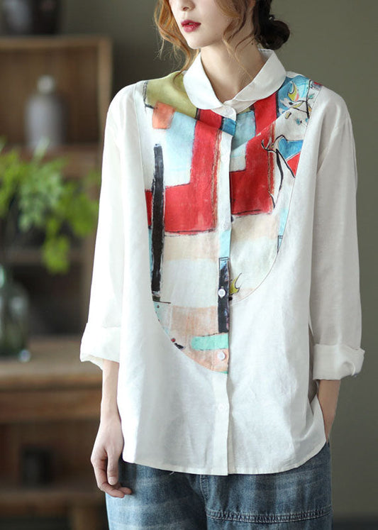 Boho White Peter Pan Collar Print Linn Shirt Top à manches longues