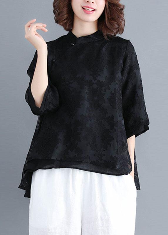 Boho White Stand Collar Asymmetrical Design Summer Tops Three Quarter Sleeve Shirt - SooLinen