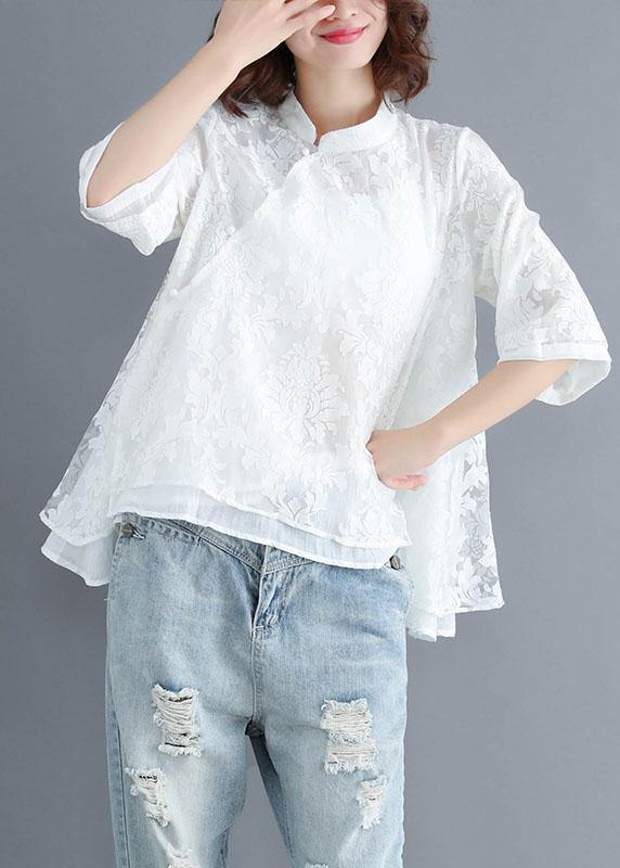 Boho White Stand Collar Asymmetrical Design Summer Tops Three Quarter Sleeve Shirt - SooLinen