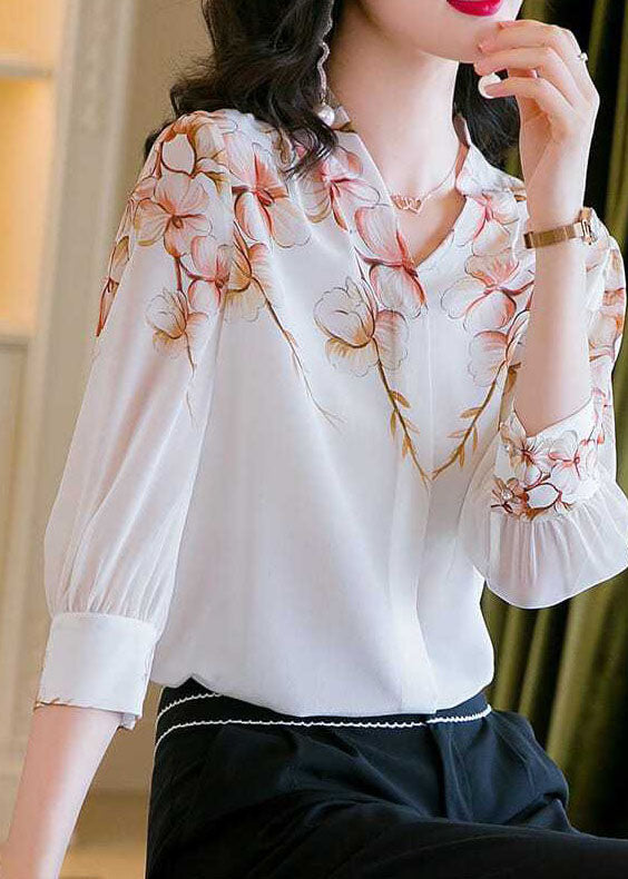 Boho White V Neck Imprimer Patchwork Silk Shirt Top Summer