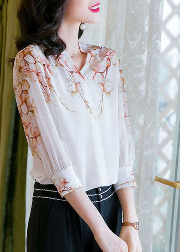 Boho White V Neck Imprimer Patchwork Silk Shirt Top Summer