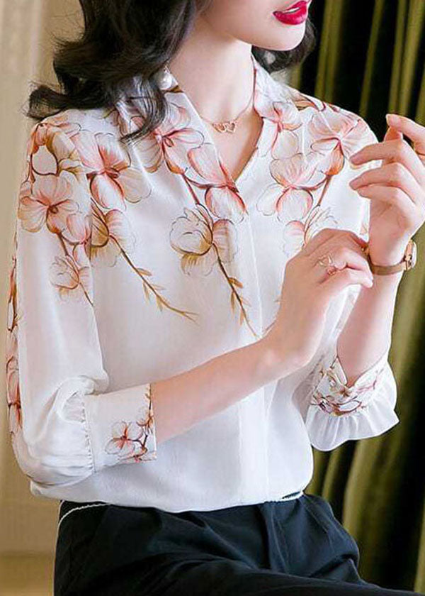 Boho White V Neck Imprimer Patchwork Silk Shirt Top Summer