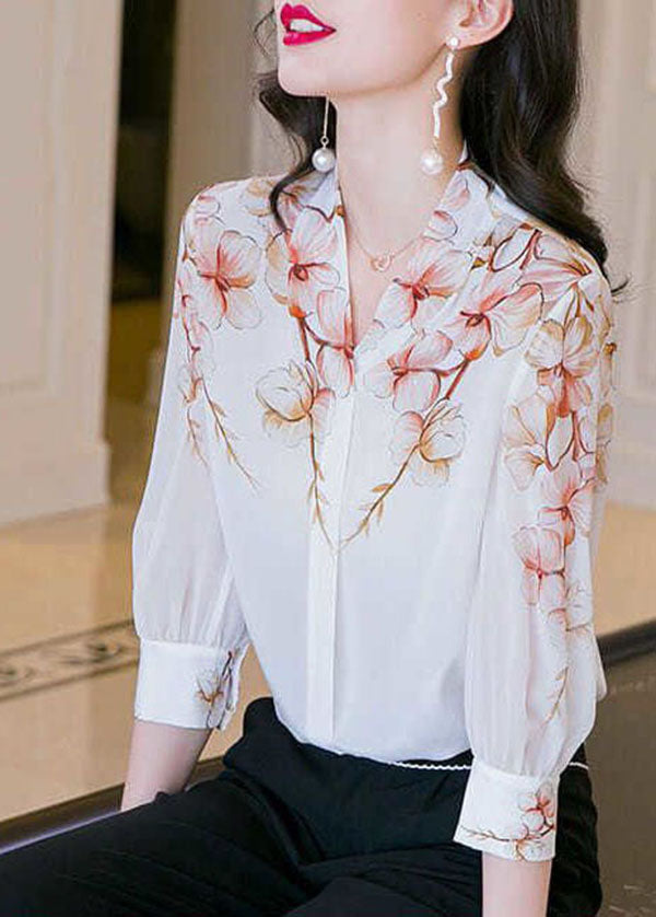 Boho White V Neck Imprimer Patchwork Silk Shirt Top Summer