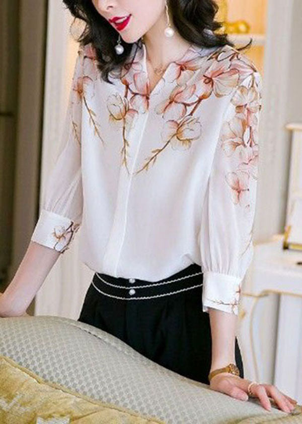 Boho White V Neck Imprimer Patchwork Silk Shirt Top Summer