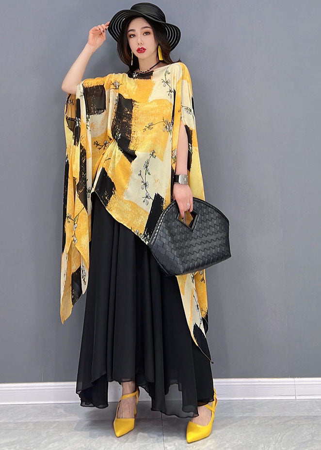 Boho Yellow Asymétrical Print Murffon Tops and Jirts Two Piece Tenfit Summer