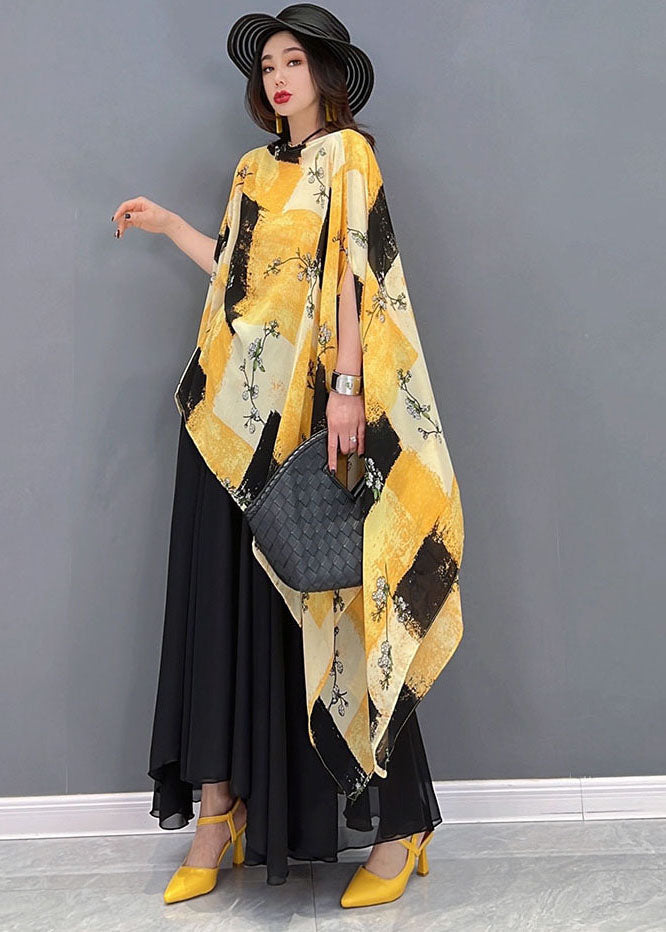 Boho Yellow Asymétrical Print Murffon Tops and Jirts Two Piece Tenfit Summer