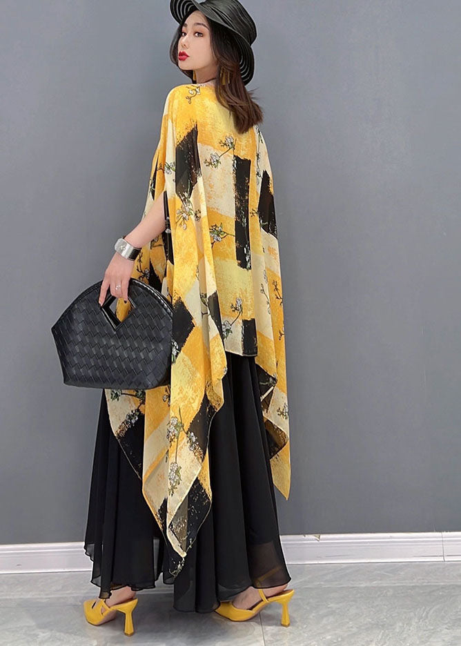 Boho Yellow Asymétrical Print Murffon Tops and Jirts Two Piece Tenfit Summer