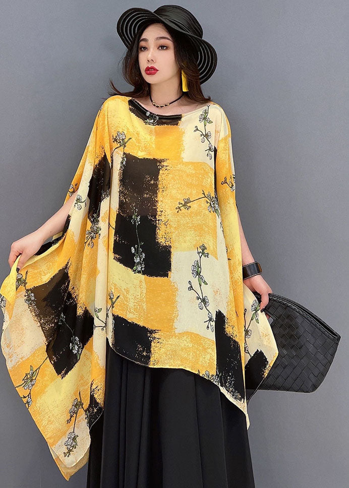 Boho Yellow Asymétrical Print Murffon Tops and Jirts Two Piece Tenfit Summer