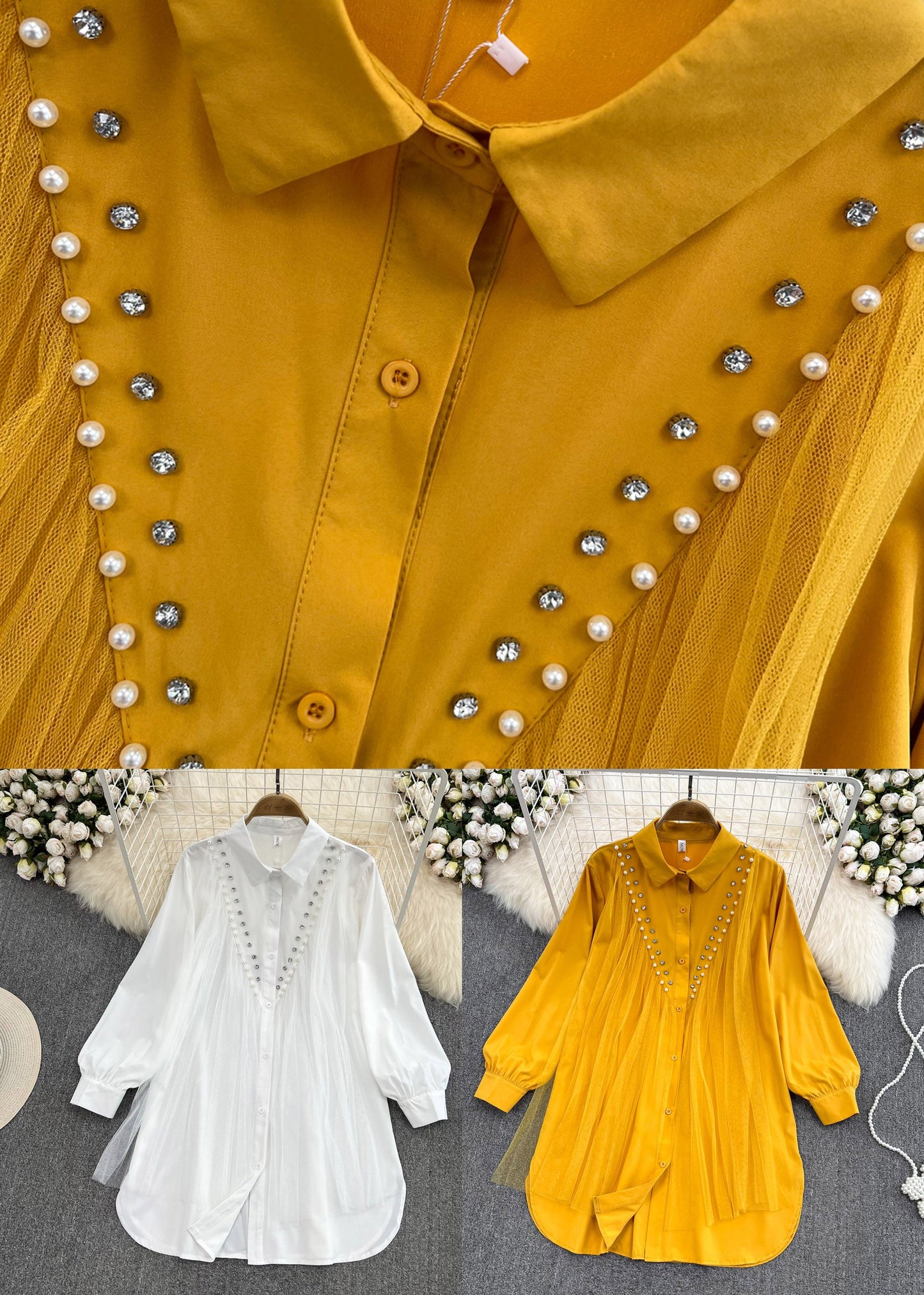 Boho Jaune Peter Pan Collar Patchwork Button TULLE CHIRTS LONG LONGES