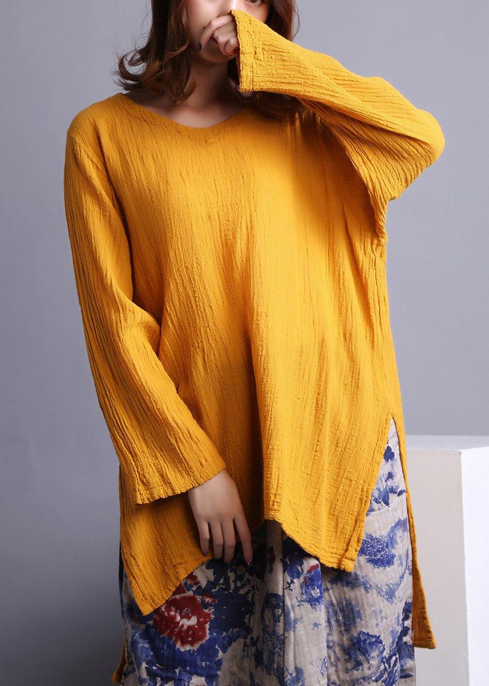 Boho Yellow U Neck low high design Linen Spring Shirt - SooLinen