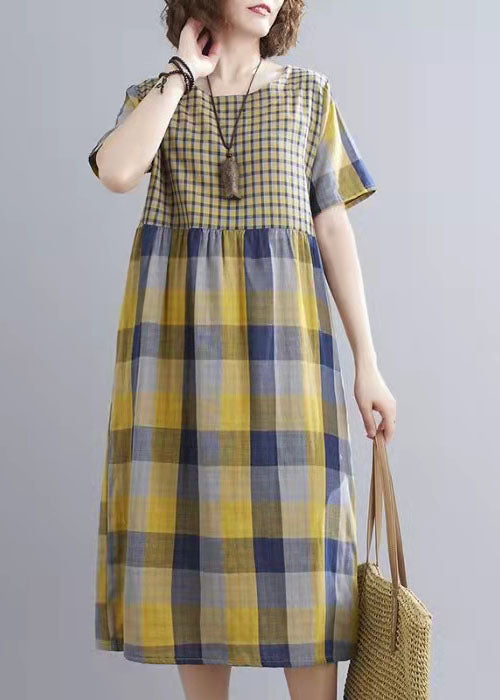 Boho Jaune Plaid Pockets Patchwork Robe de vacances d'automne à manches longues