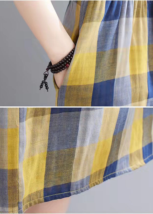 Boho Jaune Plaid Pockets Patchwork Robe de vacances d'automne à manches longues