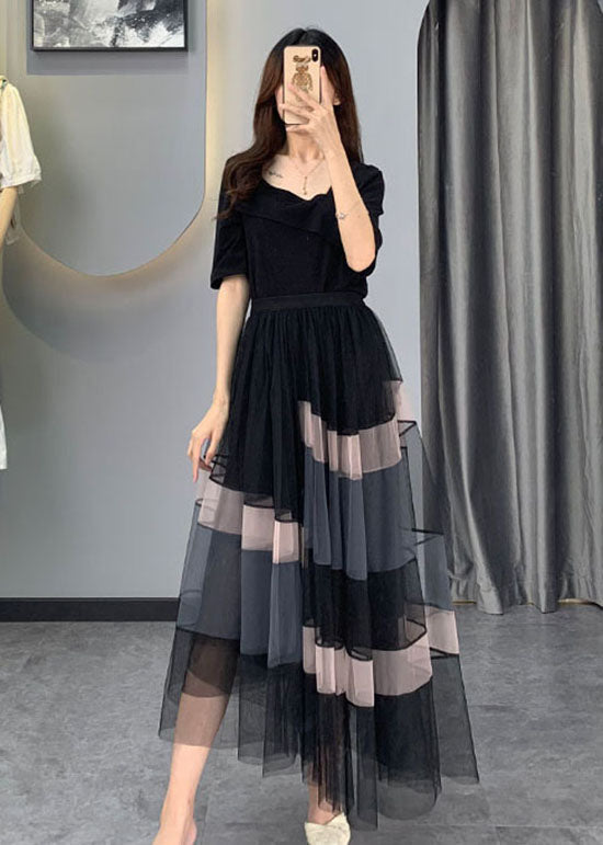 Boutique noire asymétrique tulle deux pièces régler la demi-manche