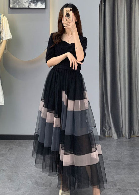 Boutique noire asymétrique tulle deux pièces régler la demi-manche