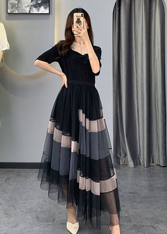 Boutique noire asymétrique tulle deux pièces régler la demi-manche