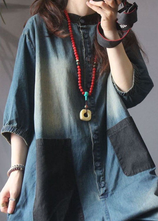 Boutique Blue Loose Button Pockets Fall Half Sleeve Denim Top