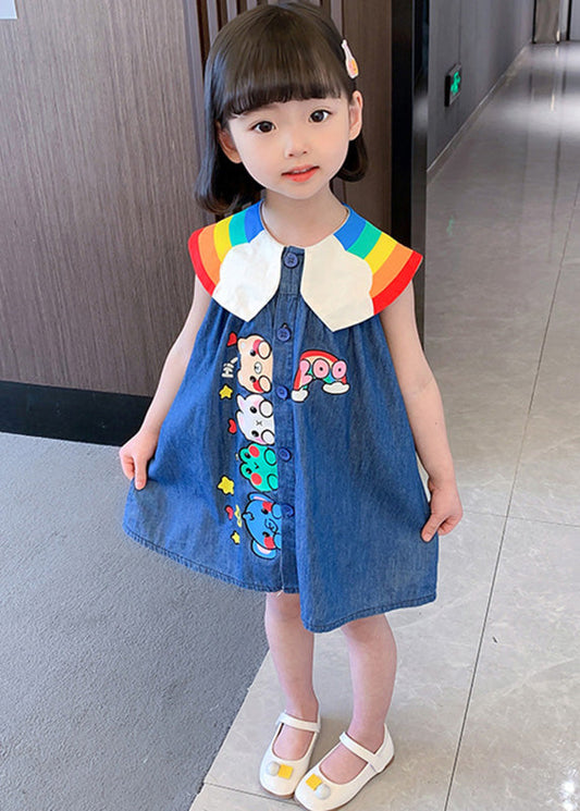 Boutique bleue Peter Pan Collar Animal Print Button Kids Denim Robe Mid Robe Summer