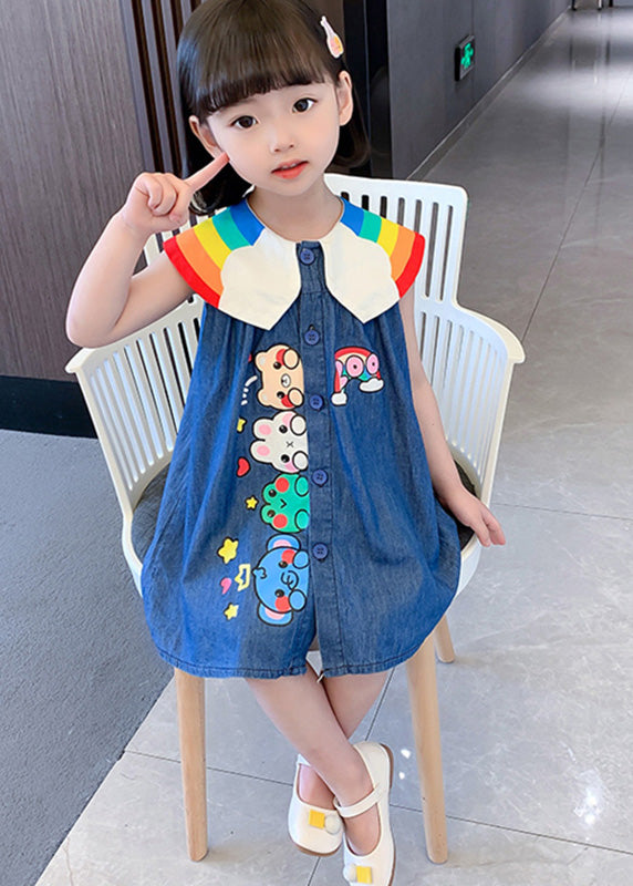 Boutique bleue Peter Pan Collar Animal Print Button Kids Denim Robe Mid Robe Summer