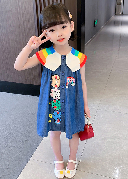 Boutique bleue Peter Pan Collar Animal Print Button Kids Denim Robe Mid Robe Summer