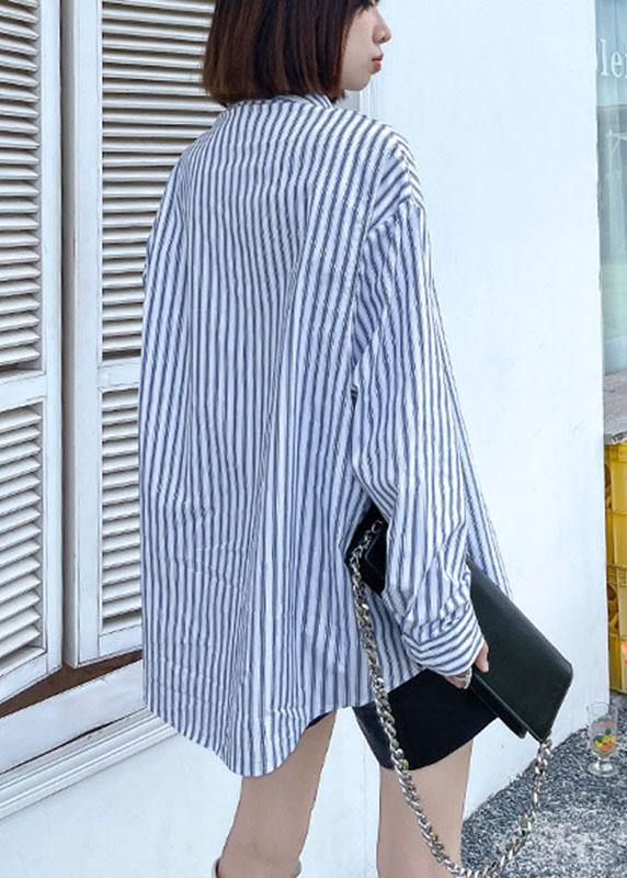 Boutique Blue Peter Pan Collar Button Pockets Fall Striped Shirt Top Long sleeve - SooLinen