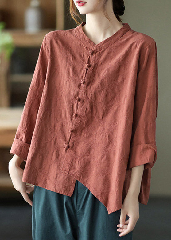 Boutique Brick Red O Neck Asymétrique Low High Design Button Shirt Long Manneve