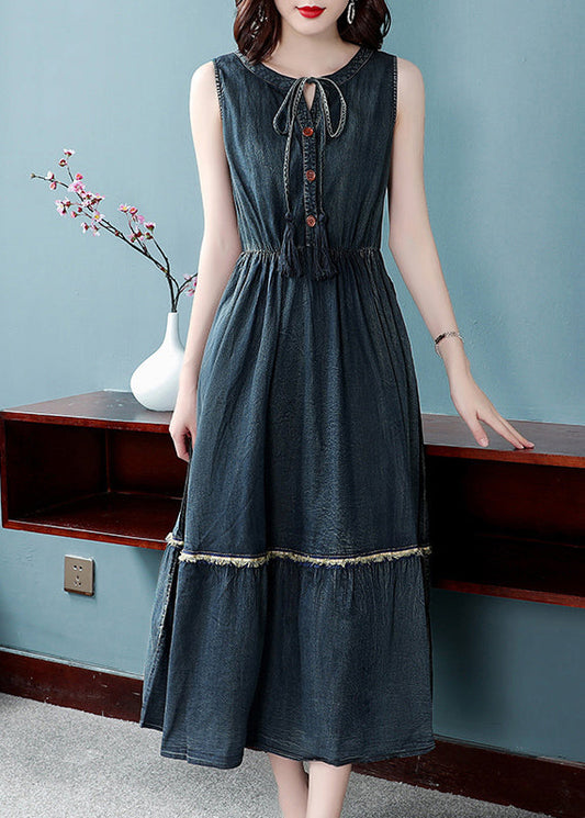 Boutique Denim Bleu O Neck Lace Up Button Robes Colon