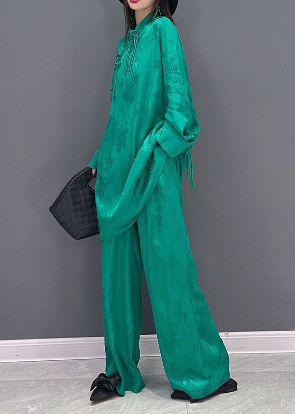 Boutique Green Mandarin Collier Pildel Silk Shirts longs et pantalons droits Deux pièces à manches longues