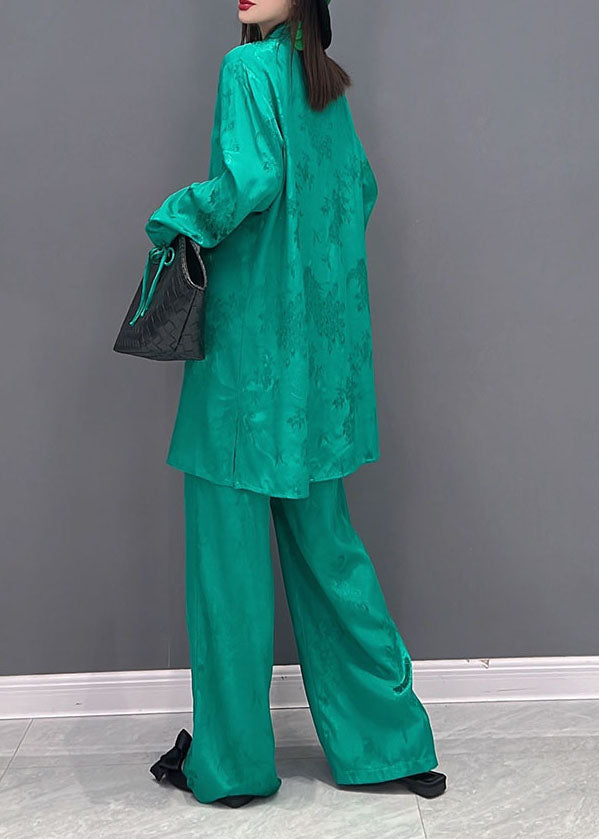 Boutique Green Mandarin Collier Pildel Silk Shirts longs et pantalons droits Deux pièces à manches longues