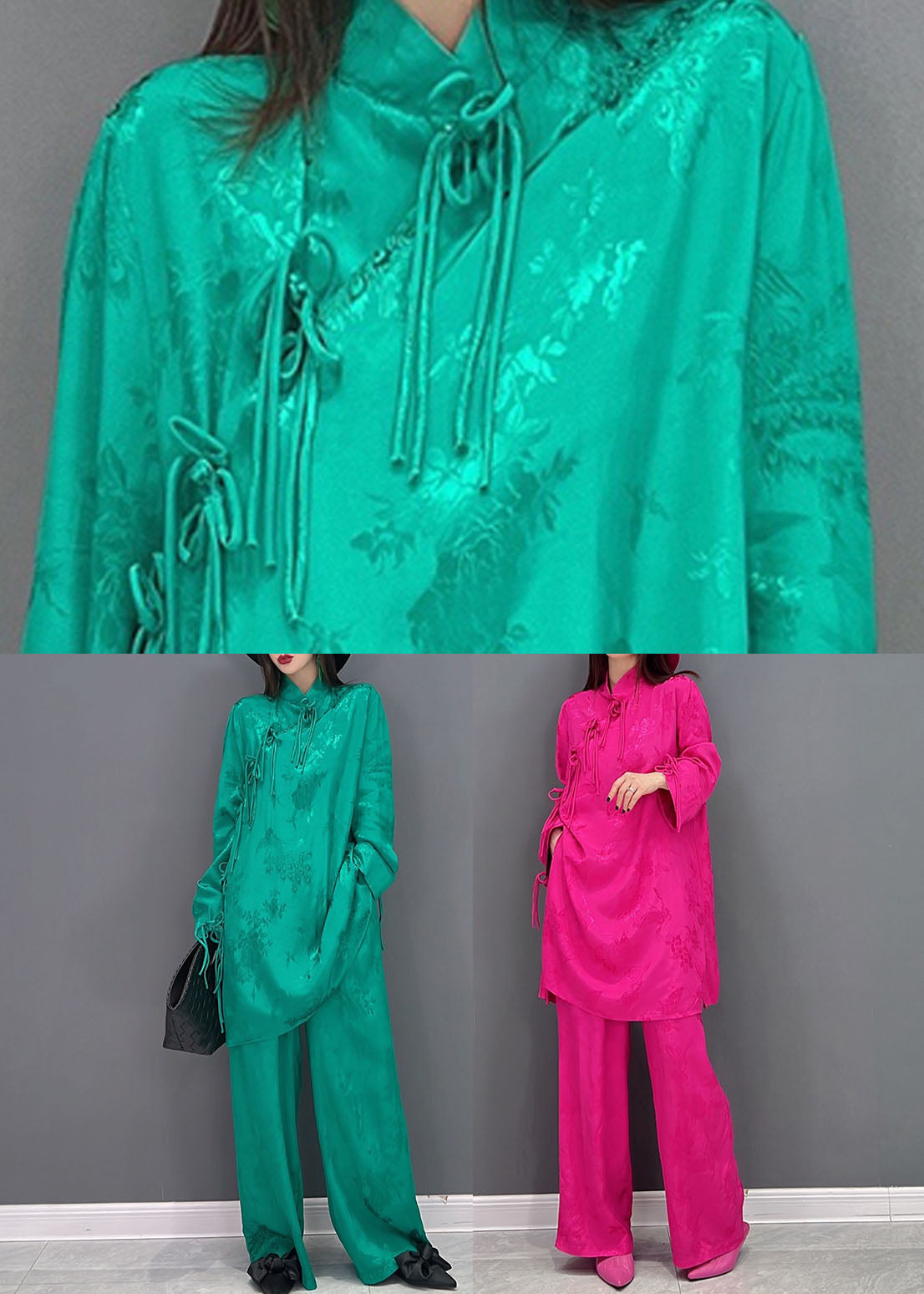 Boutique Green Mandarin Collier Pildel Silk Shirts longs et pantalons droits Deux pièces à manches longues