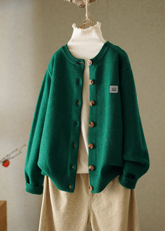 Boutique Green O Neck Broideried Bouton Tricoted Cotton Thread Cardigans Fall