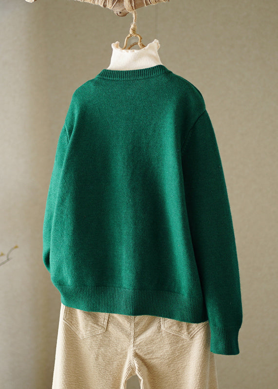 Boutique Green O Neck Broideried Bouton Tricoted Cotton Thread Cardigans Fall