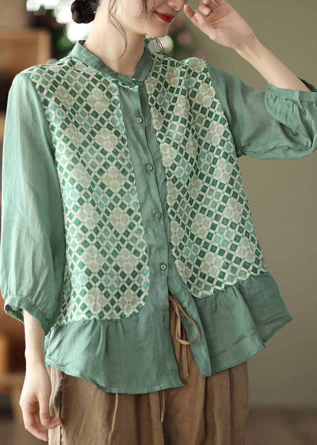 Boutique Green Ruffles Peter Pan Collar Linen Tops Three Quarter Sleeve