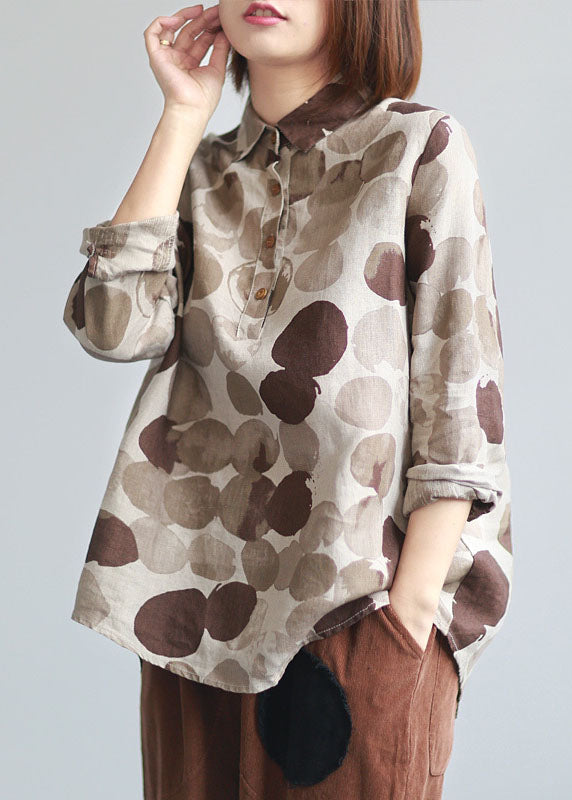 Boutique khaki Peter Pan Collar Chocolate Dot Print Linen Shirts Long Manneve