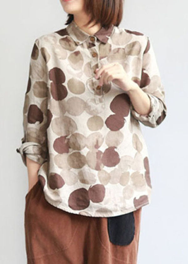 Boutique khaki Peter Pan Collar Chocolate Dot Print Linen Shirts Long Manneve