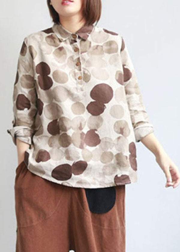 Boutique khaki Peter Pan Collar Chocolate Dot Print Linen Shirts Long Manneve