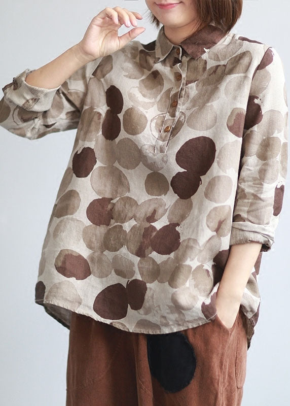 Boutique khaki Peter Pan Collar Chocolate Dot Print Linen Shirts Long Manneve