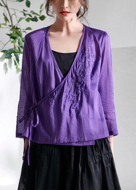 Boutique Purple Tie Waist Asymmetrical Design Summer Ramie Top - SooLinen